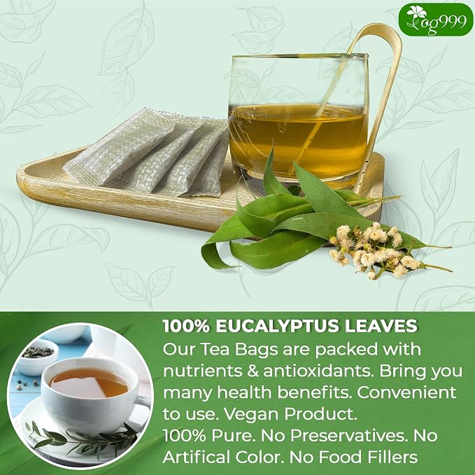 TOG999, Premium 100 Eucalyptus Leaf Tea Bags, 100% Natural & Pure Eucalyptus Leaves. Loose Leaf Eucalyptus Herbal Tea. Eucalyptus Leaf Tea. No Sugar, No Caffeine, No Gluten, Vegan.
