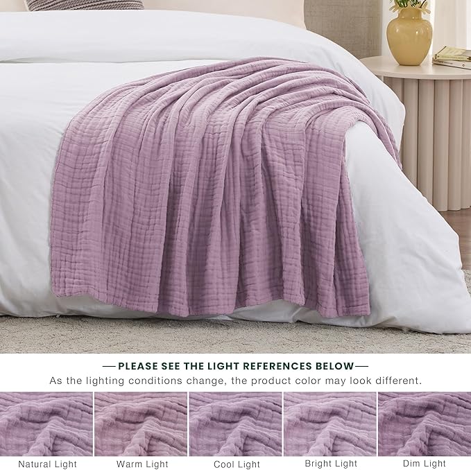 Love's cabin 100% Cotton Muslin Blanket, 6 Layer Lightweight Breathable Gauze Throw Blanket 50 x 60 Inches, Soft All Season Blanket for Couch, Bed, Sofa, Lavender
