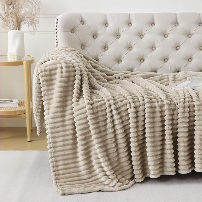 Khaki Throw Blanket for Couch Sofa 50x60 inches Striped Design | Fleece Blankets Room Home Decor Lightweight Plush Soft Cozy Gifts for Women Mom