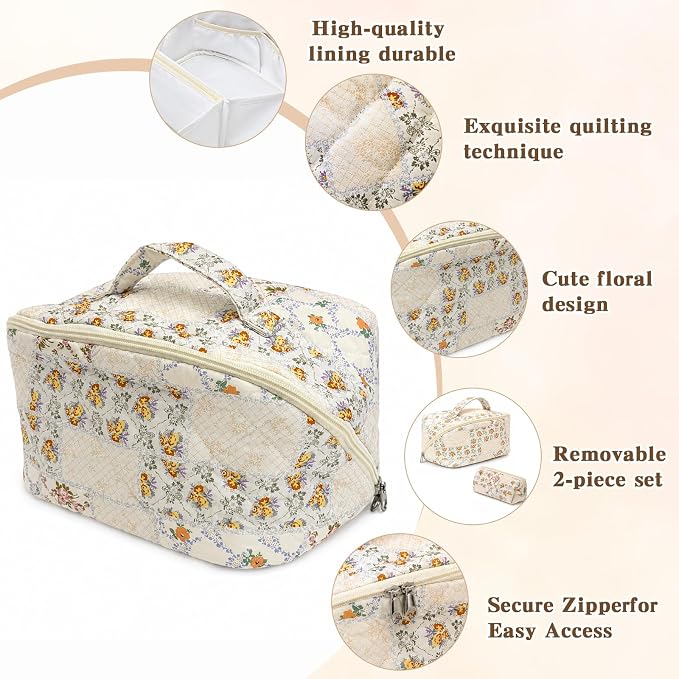 Travel Makeup Bag for Women,Large Capacity Quilted Cosmetic bag， 2PCS Make up Bag Set Open Flat Toiletry Bag for Skincare, Brushes & Travel Essentials (Colorful)