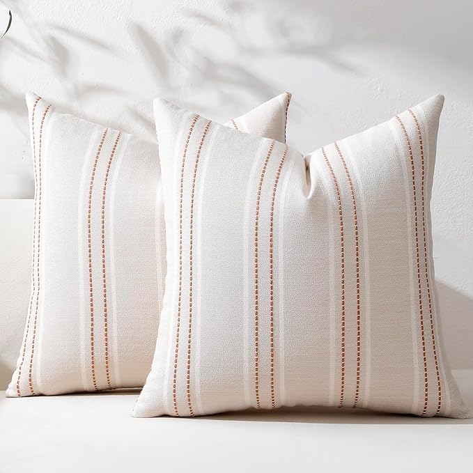 Hckot Terracotta Throw Pillow Covers 24x24 Set of 2 Striped Pillow Covers | Farmhouse Decorative Pillows Textured Linen Square Cushion Covers for Sofa Couch Bed Living Room Decor(Camel)