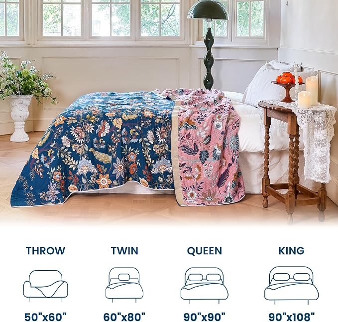 MSGKV Boho Throw Blanket 50"x60" Summer Cotton Blue Floral Throw for Couch | Muslin Throw, Blue Floral Pattern, Reversible Woven, Lightweight Comfort, Farmhouse Decor, All Seasons, Machine Washable