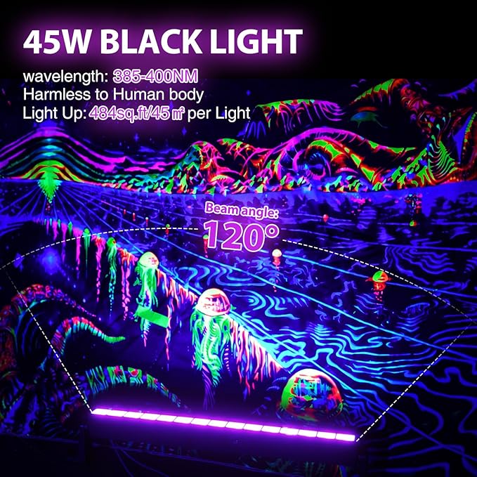 45W LED Black Light Bar,Black Lights for Glow Party,Waterproof Blacklight with Plug & Switch, Halloween Light for Glow in The Dark Party Supplies,Bedroom,Body Paint,Stage Lighting,4 Pack