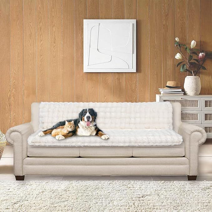 Dogs/Cats Bed Mats, Dog Pad Washable Removable Couch Cover with Anti-Slip Back, Plush Long Fur Mat, Perfect for Small, Medium and Large Dogs.(White-Bubble, 68"x82")