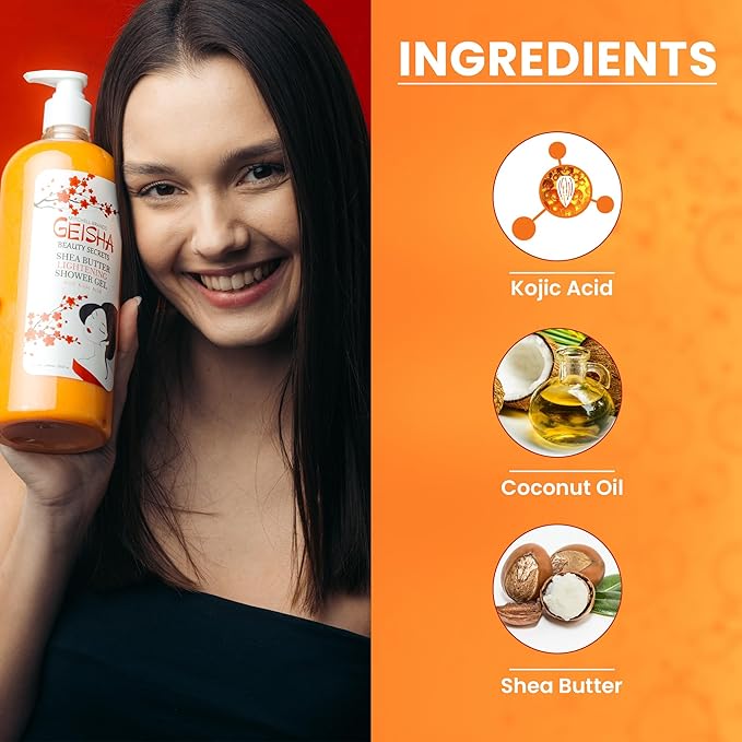 OMIC Geisha, Kojic Acid Skin Brightening Body Wash - 33 Fl oz / 1000 ml - Even Out Tone, Radiance, Face and Body Shower Gel, with Coconut Oil and Shea Butter