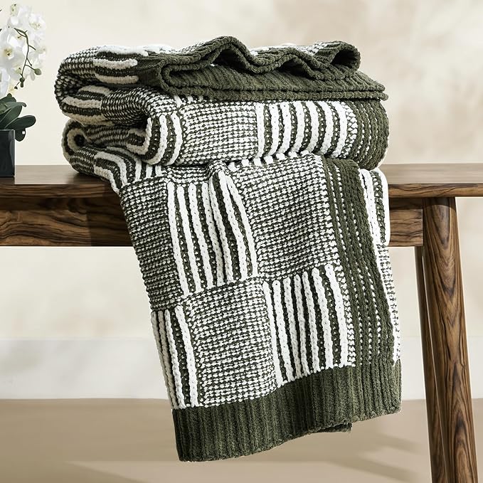 Knit Throw Blanket, Soft Chenille Cozy Breathable Dual Tone Checkered Chunky Decorative Blanket for Couch, Bed & Sofa, French-Inspired Lightweight Warm Gift for Women, Olive Green, 60"x80"