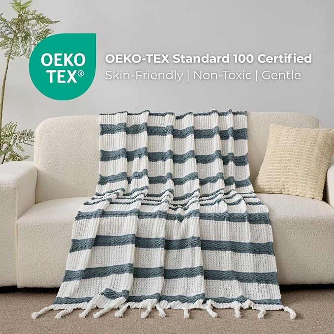 Boho Knitted Chenille Blanket with Tassels - Lightweight & Soft All-Season Throw - 3D Classic Pattern for Living Room Bedroom Couch, Celestial Blue(Striped), Throw 50"x60"