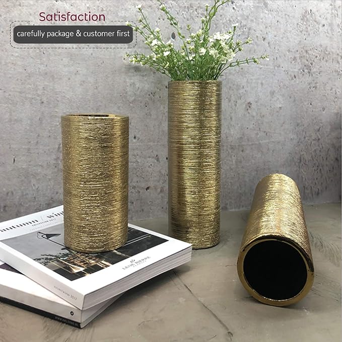 WGV Ceramic Cylinder Vase Bulk Width 4" Height 6" Elegant Unique Modern Matte Floral Container Planter Pot Centerpiece for Event Party Wedding Office Home Decor, Gold Textured 12 Pieces