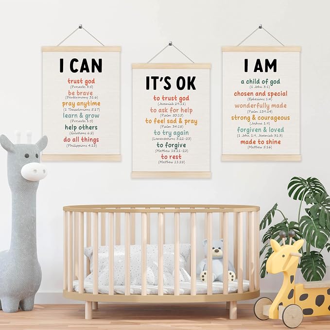 Koesus Inspirational Christian Classroom Wall Art Poster Hanger Frame 12x16 Inch Set of 3, Positive Affirmations for Kids, Motivational Canvas Pictures Prints Framed Wall Decor for Classroom Kids Room Playroom