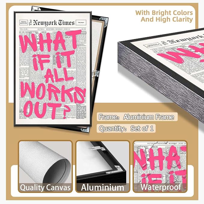 Drimiler Retro Newspaper Pink Font Poster What If It All Works Out Canvas Wall Art Positive Affirming Quote Minimalist Prints Painting For Home Bedroom Dorm Wall Decor 24x36in Framed