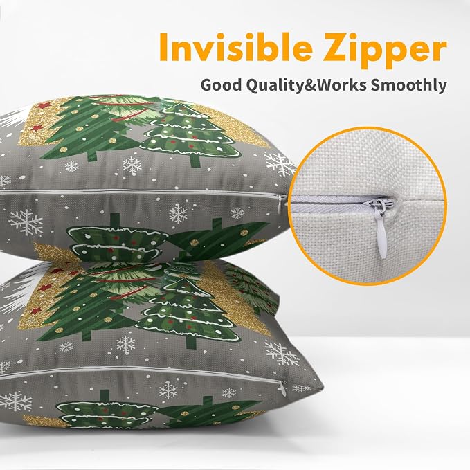 Kawani Christmas Trees Grey Pillow Covers 20x20 Inches, Set of 2 Gold Green Xmas Tree Snow Pine Forest Square Pillowcase Cotton Linen Cover for Sofa Couch Cushion Indoor Outdoor Decor