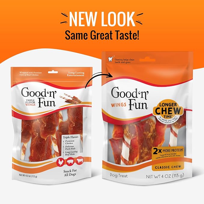 Good 'n' Fun Wings Long-Lasting Dog Treat Made With Real Protein, 4 oz | Premium Chicken, Pork and Beef Hide Chew, Supports Dental Health and Mental Stimulation, For Adult Dogs