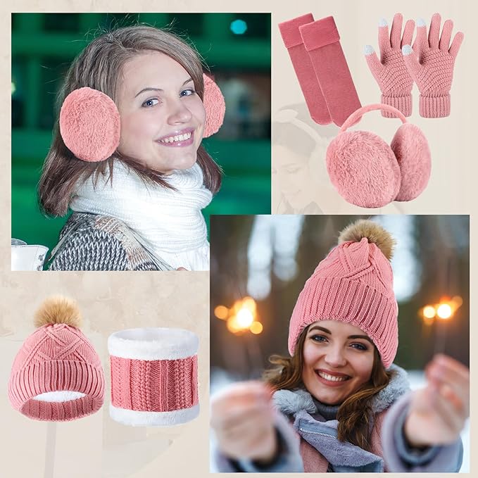 SATINIOR 5 Pcs Winter Hat Scarf Gloves Set Fleece Warm Lined Knit Beanie Hat Touch Screen Earmuff Gloves Warmer for Women(Pink,Stylish Style)