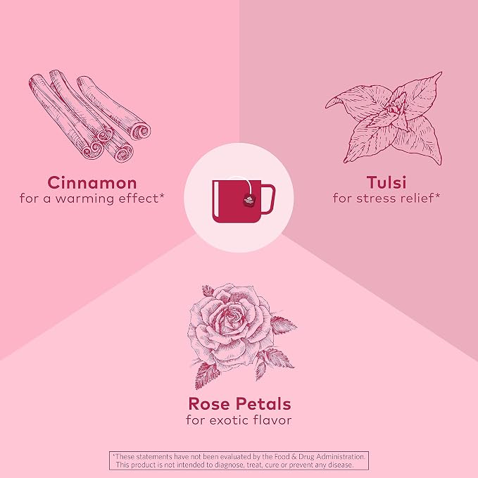 ORGANIC INDIA Tulsi Cinnamon Rose Tea - Tulsi Rose Tea Bags, Cinnamon Tea Bags w/Holy Basil, Chamomile, Caffeine Free - 18 Infusion Bags, 3 Pack