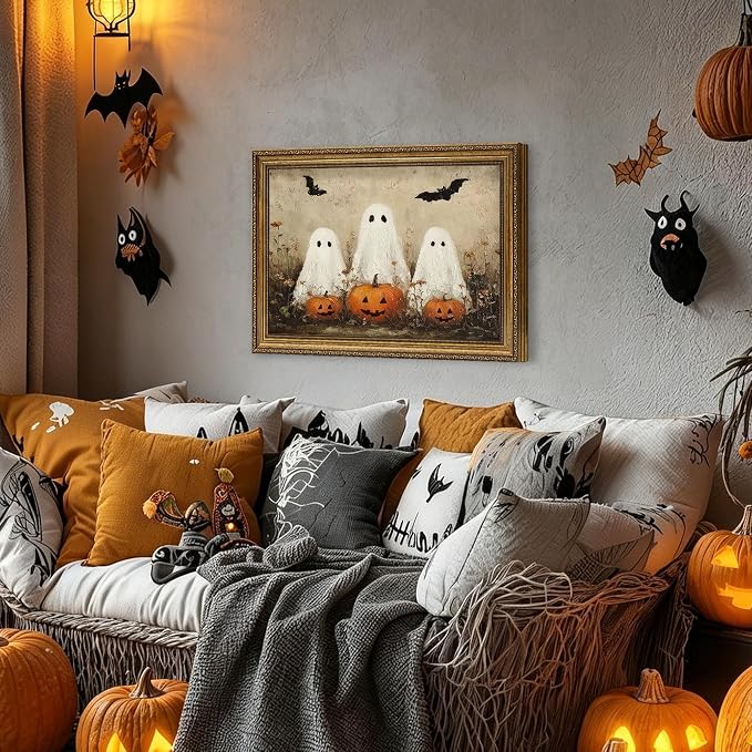 JLTULT Cute Ghost Halloween Wall Art, Vintage Framed Canvas, 12 x 16 In | Cute ghosts and pumpkins on fade-resistant canvas with a ready-to-hang ornate PS frame for entryways and Halloween displays