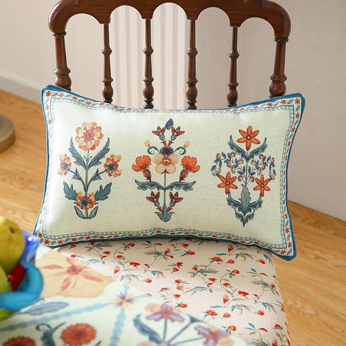 Linen Rectangle Throw Pillow Cover,Set of 2,20"x12"-Floralsea A | Designer French Elegant Pillow Cover,Concealed Zipper Design,Sofa,Bedroom,Living Room,Lounge Chairs,All Season Home Decor