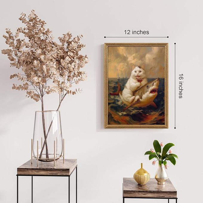 ICHZUMW Framed Funny White Cat Riding Shark Ocean Canvas Wall Art 12x16 In | Quirky Cat Drinking Wine Riding Shark Oil Painting, Humorous Bathroom Wall Decor, Bedroom Restroom Powder Room, Ready to Hang