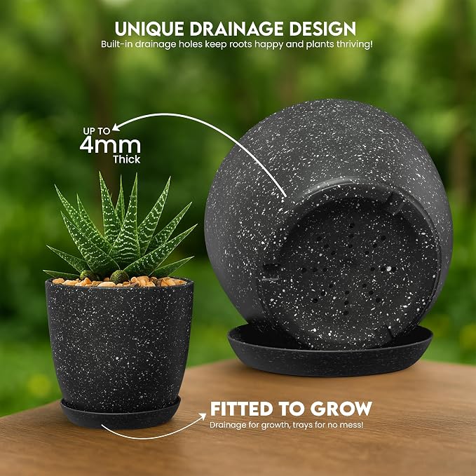 Plant Pots Indoor with Drainage 5 Pack Multi-Size Planters Set Spotty Black | Drainage holes included Multiple sizes 7/6.6/6/5.3/4.8 In Indoor plants and flowers Durable plastic construction