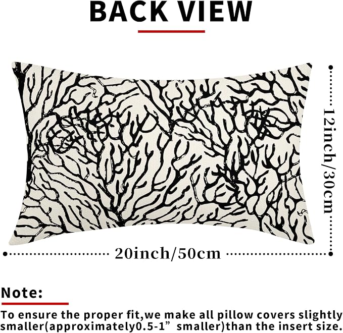Nautical Coastal Coral Lumbar Pillow Covers 12x20 Inch Set of 2 Summer Ocean Beach Black White Decorative Pillow Cases Outdoor Linen Cushion Cover Farmhouse Decor for Bedroom Home Sofa Couch Bed