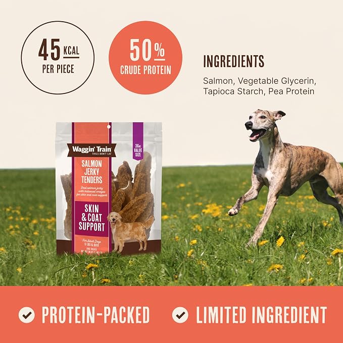 Waggin' Train Salmon Jerky Dog Treats for Skin and Coat Support, Made with 100% Real Salmon, No Grains and No Artificial Flavors or Colors, High Protein Dog Treat, Easily Digestible, 36 oz. Pouch