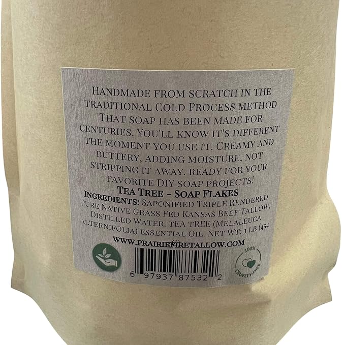 Pure Beef Tallow Soap Flakes - Made in USA - Grass Fed and Finished - Face, Body and Hair - Natural and Organic Tea Tree