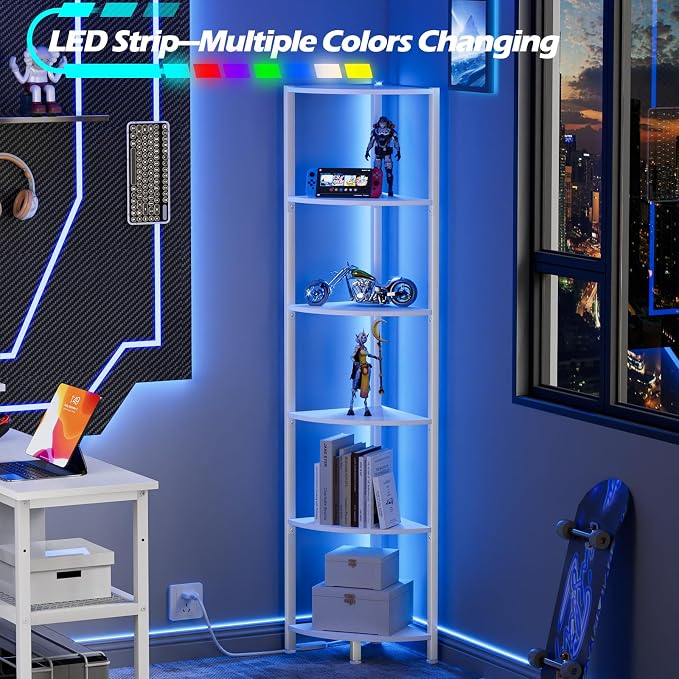 6 Tier Corner Shelf with LED Light, 67.5" White Narrow Bookshelf | Tall Standing Shelf Organizer, Storage Rack for Wall Corner, Living Room, Bedroom, Metal Frame, Wood Display Shelf