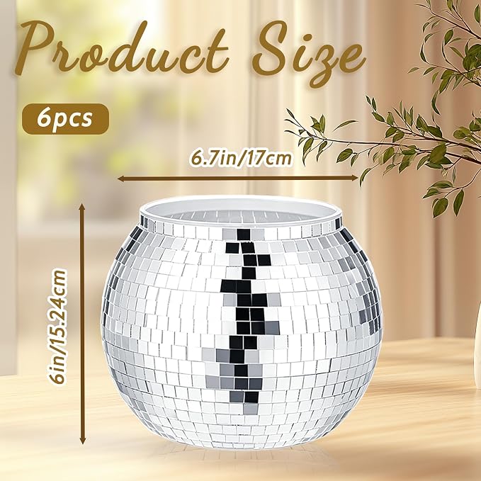 6 Pcs Disco Ball Vases,Plastic Disco Ball Centerpieces 6" X 6.7" Disco Ball Decor Silver Mirror Disco Ball Planter Can Be Used for Wedding Centerpieces,Birthday,Office