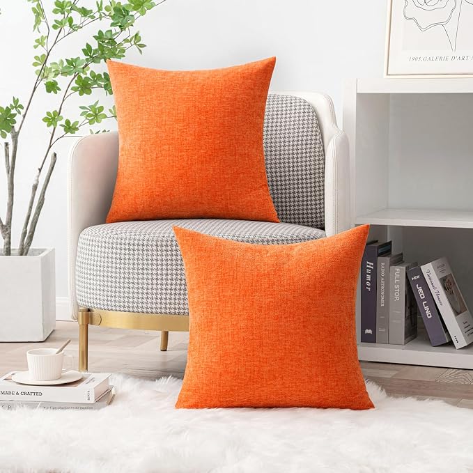 MIULEE Chenille Fall Throw Pillow Covers Bright Orange 20x20 Pack of 2 | Modern Fall Home Decor, Classic Decorative Pillows, Solid Dyed Cases, Boho Couch Cushion Covers for Sofa Bed Living Room