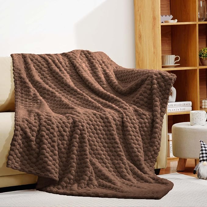 Excervent Hexagon Jacquard Throw Blanket for Bed, 50x70 Inches, Mocha | Decorative Fuzzy Flannel Fleece Throw Blanket for Sofa Bed Couch, Super Soft Cozy, Suitable for All Seasons
