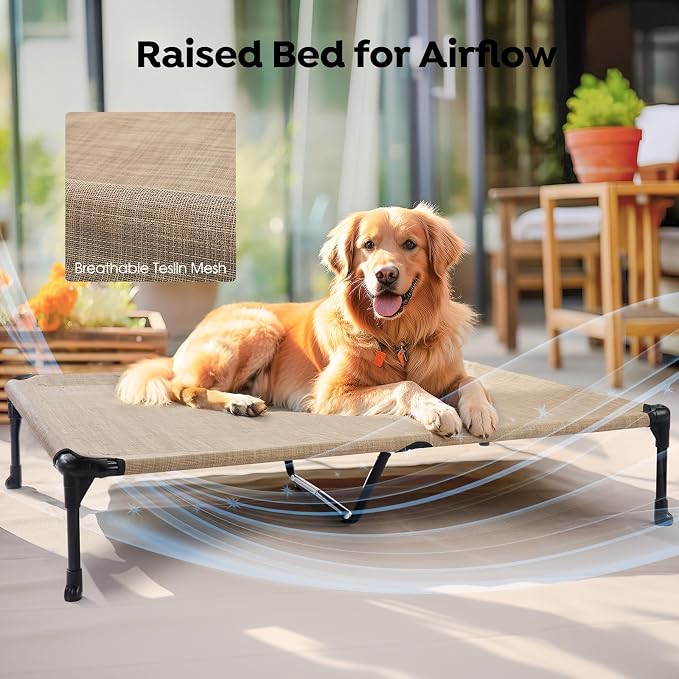 Veehoo Outdoor Elevated Dog Bed with Waterproof Bolster Cushion, Cooling | Raised Dog Bed with Removable & Washable Mat Topper, Breathable Mesh, Dog Couch Cot for Indoor Outdoor, 49", Large, Beige