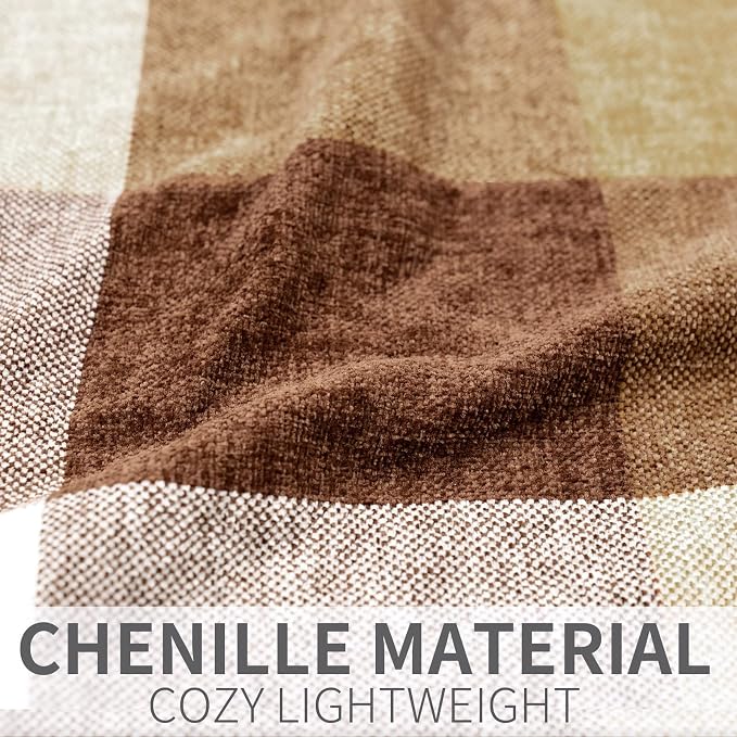 RECYCO Buffalo Plaid Chenille Throw Blanket, 50"x60", Brown Off White | Super Soft Knit Throw Blanket with Tassels, Lightweight, Cozy, Farmhouse Decor, Ideal for Couch Sofa Chair Bed Living Room