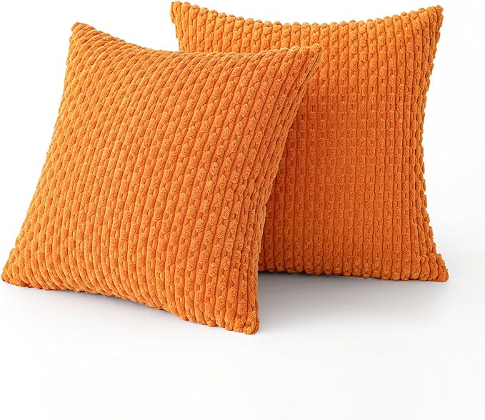 MIULEE Fall Decorative Throw Pillow Covers 20x20 Orange Textured Corduroy | Pack of 2 Striped Pillow Covers Modern Farmhouse Autumn Home Decor for Couch Bed Sofa Living Room