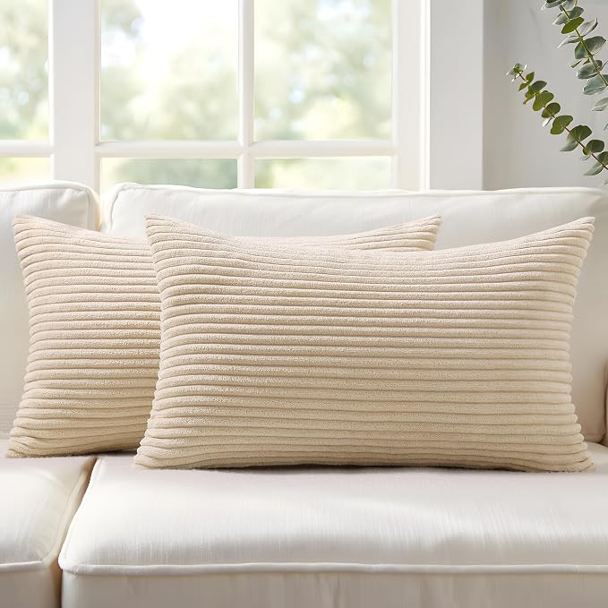 Mecatny Corduroy Fall Decorative Throw Pillow Covers 12x20 Set of 2 Beige | Soft Striped Texture, Hidden Zipper Design, Neutral Boho Lumbar Pillow Cases for Sofa Couch Living Room Bedroom, Home Décor
