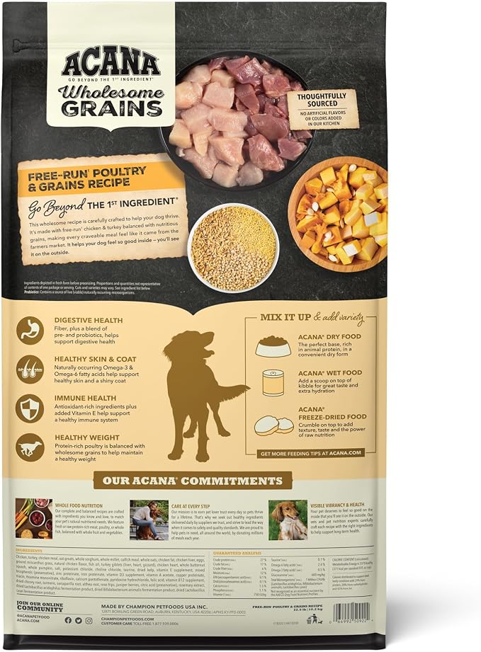ACANA Wholesome Grains Dry Dog Food Poultry & Grains Recipe 22.5lb Bag | High Protein, Made in the USA, Includes Probiotics, Free-Run Poultry, Global Quality Ingredients
