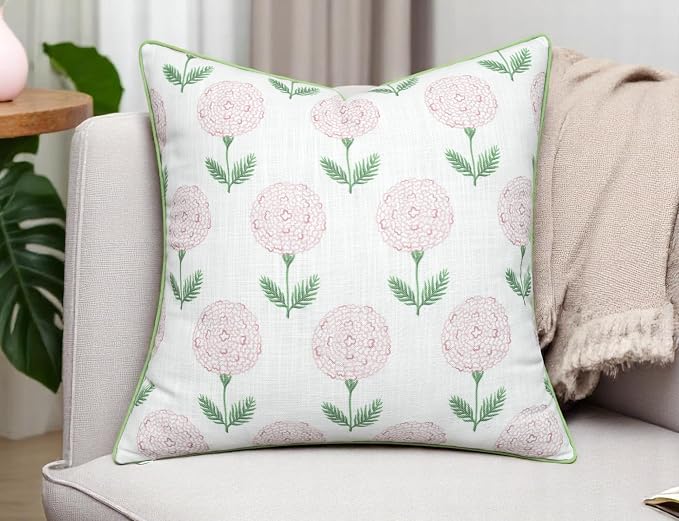 Marigold Floral Print 20x20 Throw Pillow Cover, Pink | Pink marigold floral on white slub, green piping; both sides printed; hidden zip; cover only