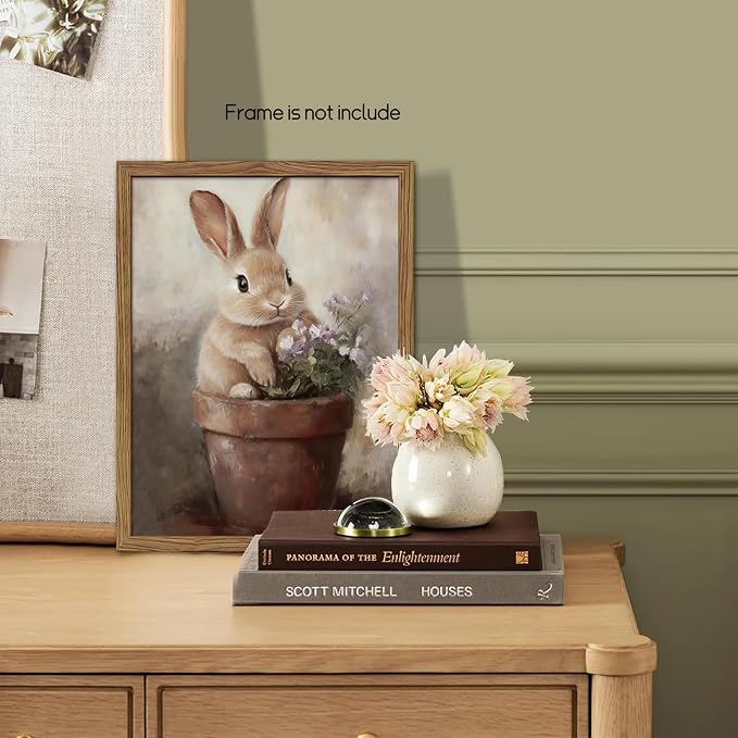 AKWISH Vintage Easter Wall Art Poster, Cute Rabbit in Flower Pot Picture Prints, Cottage Farmhouse Bunny Canvas Artwork, Holiday Wall Decor for Kids Room Girls Bedroom Living Room 8x10 inch Unframed