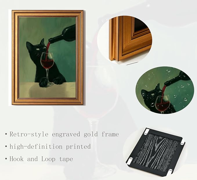 Framed Black Cat Canvas Wall Art,Funny Animal Picture Wall Decor24x16in | Whimsical Cat Canvas Print,Vintage Cottagecore for Kitchen, Dining Room, Home Bar, Study or Cat Lover