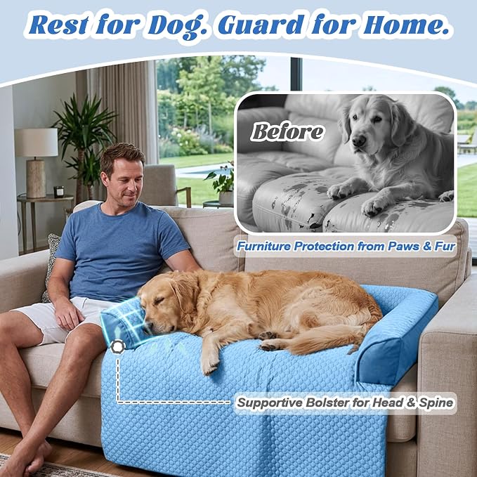 GGIB Cooling Dog Bed Mat with Bolster Pillow Washable Dog Couch Cover Breathable Summer Pet Couch Bed Protector Indoor(Extra Large, Cooling Blue)