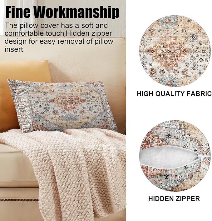 Boho Throw Pillow Covers 12x20 inch Set of 2,Soft Pillowcases Bohemia Carpet Printing Pattern Decorative Sofa Living Room Bed Rectangle Pillow Case Cushion Cover-Orange Grey