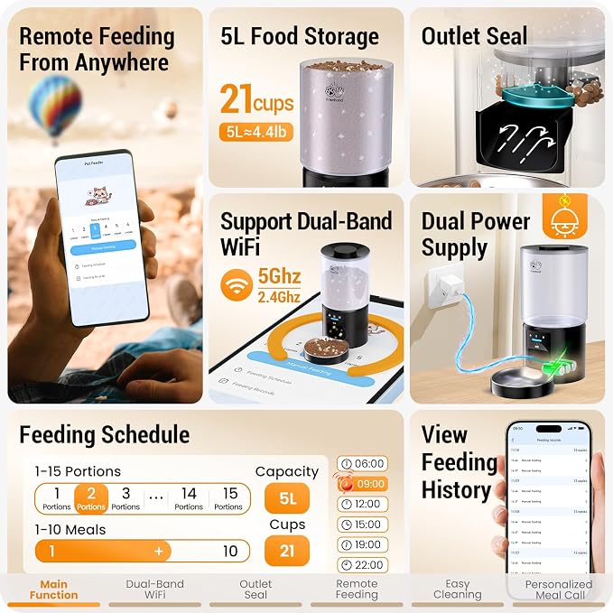 Automatic Cat Feeder with 5G WiFi : 5L Automatic Dog Feeder with Sealed Outlet, Timed Auto Cat Food Dispenser with APP Control for Pets, Detachable for Easy Clean - 21 Cup
