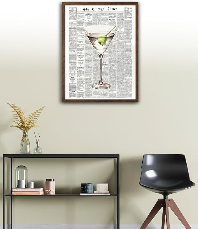 EcoHest 12x16 in Martini Newspaper Framed Wall Art for Bar Cart | Walnut Color Solid Oak Frame, Canvas Wall Art, Martini Bar Cart Decor for Living Room, Apartment, Dorm Room, Bedroom, 1Pack