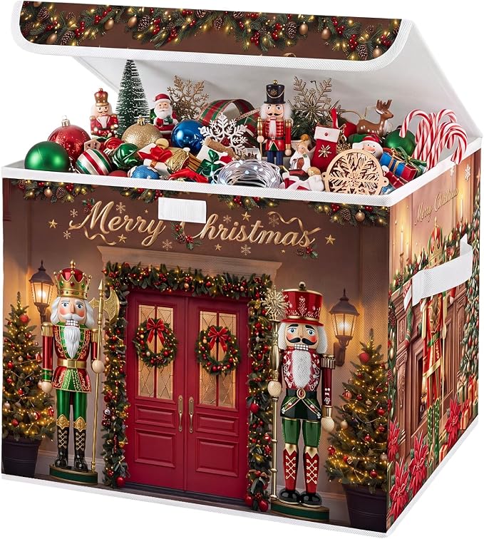 Briwooody Christmas Nutcracker Storage Bin with Lid and Carrying Handle Red Christmas Storage Box Large Xmas Nutcracker Decorative Collapsible Container Basket for Organizing Closet Home Bedroom Gift