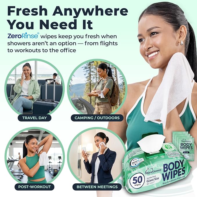Body Wipes for Women, Extra Moist No Rinse Bathing Sheets 12pk, 648 XL Shower Cloths -10 x 11.5" Travel Size Essentials,Toiletries for Womens Hygiene & Post Workout Cleanup