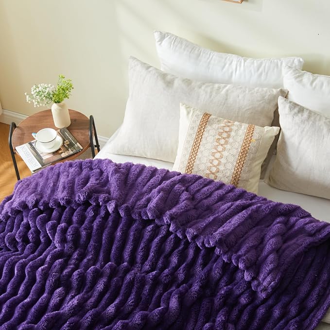 NEWCOSPLAY Fleece Ribbed Cozy King Blanket for Couch, Purple, 90"x110" | Premium Silky Flannel Blanket, Soft Lightweight Fluffy Throw Blanket for Bed Sofa Decor, Gift for All Season Use