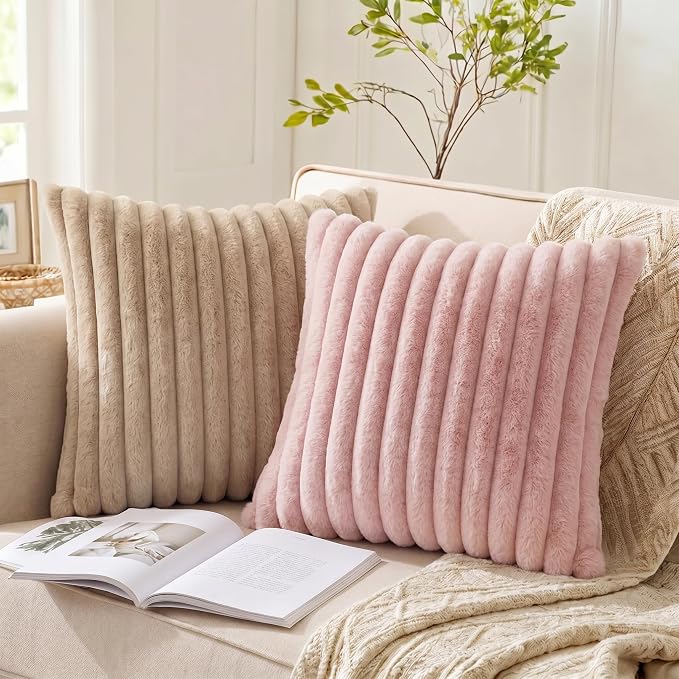 Pack of 2 Throw Pillow Covers 20x20 Decorative Solid Plush Faux Fur with Soft Velvet Back, Square Striped Cushion Cases Modern Farmhouse Home Decor for Living Room Couch Sofa Bed Apricot