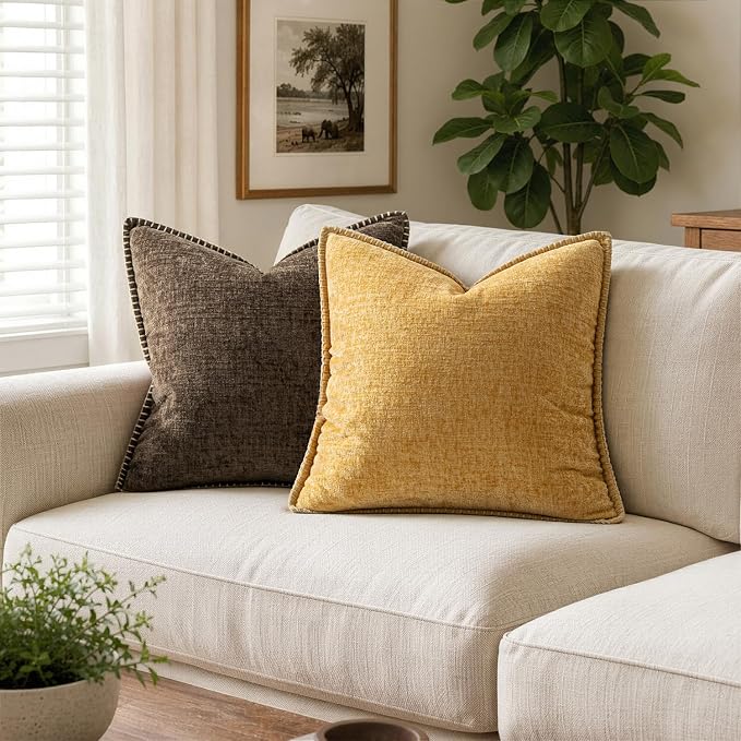 MIULEE Decorative Couch Throw Pillow Covers 18x18 Inch Gold 2 Pack | Mustard Yellow, Farmhouse Pillow Covers with Stitched Edge, Soft Chenille Cushion Cases, for Sofa Bed Living Room Home Decor