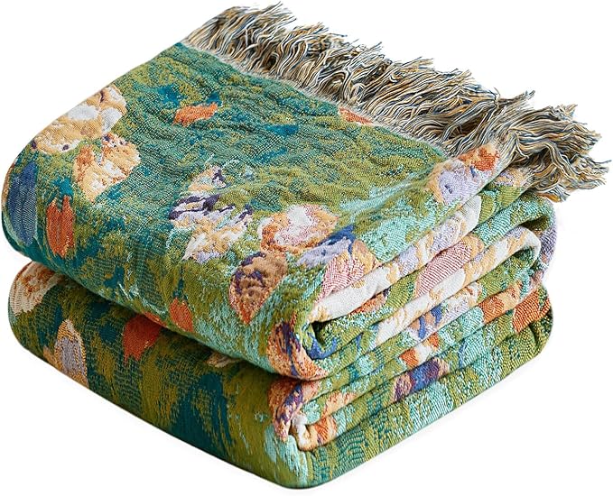 LUTBM Boho Throw Blanket for Couch Chair 50"x60", Cotton Cozy Bed Blankets | Reversible Green Garden Jacquard, All-Season, Decorative Throw for Sofa Chair Living Room, Lightweight Breathable, Home Decor
