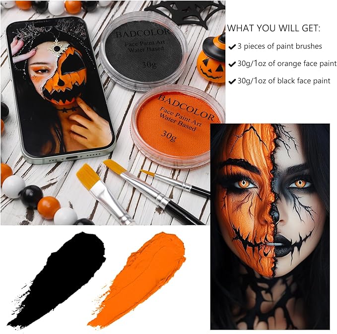 Black Orange Face Body Paint with Brushes for Pumpkin Halloween Makeup, Water Based Face Painting Kit Non-Toxic for Kids Adults Party, Facepaint for Scarecrow Clown Tiger Lion Costume Cosplay Make-Up