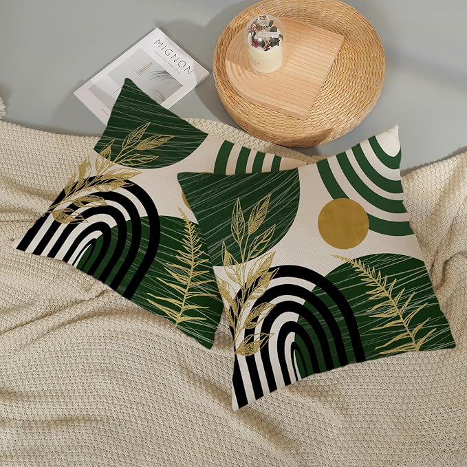 Boho Green Pillow Covers 18x18 Set of 2 Green Gold Leaf Tropical Decor Mid Century Throw Pillows Outdoor Bohemian Decorative Pillowcase Farmhouse Abstract Modern Cushion Case for Couch Sofa