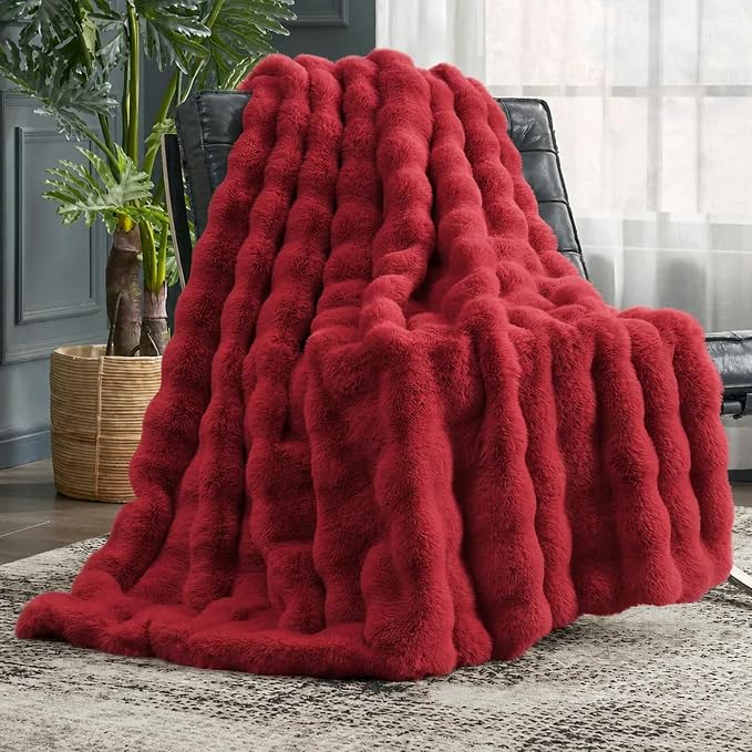 Cozy Bliss Faux Fur Throw Blanket for Couch, Fuzzy Soft Plush Thick Bubble Blanket for Sofa Bedroom Living Room, 50 * 60 Inches Red